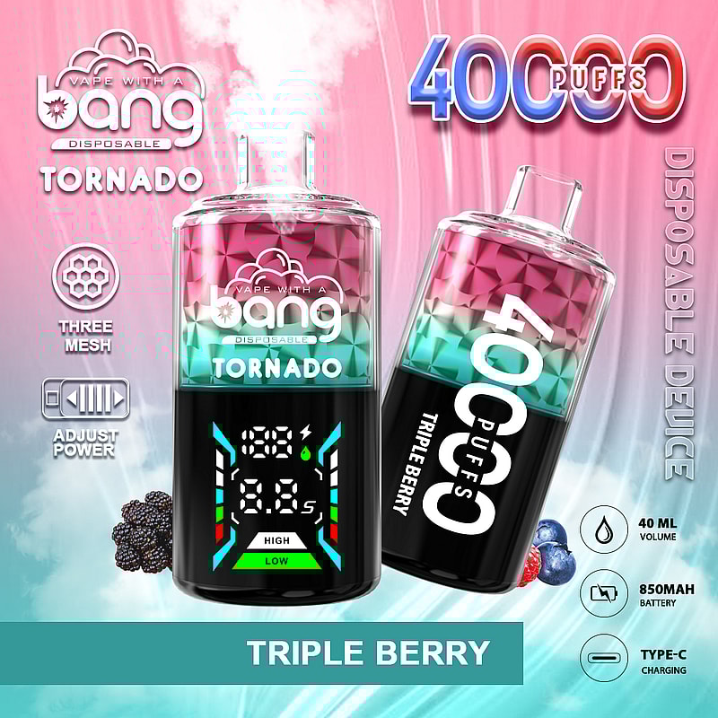 En färgstark reklam för en engångsvape-enhet som heter "Bang Tornado", med en digital display, detaljer om kapacitet (40 000 bloss), justerbar kraft och smak (Triple Berry). Designen inkluderar en gradientbakgrund och bilder av björnbär och bär, som framhäver dess egenskaper och varumärke.