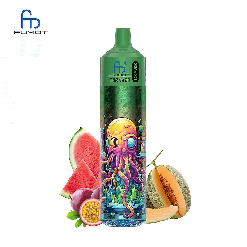 En färgglad vape-enhet med en bläckfiskillustration, omgiven av skivor av vattenmelon, passionsfrukt och cantaloupe.