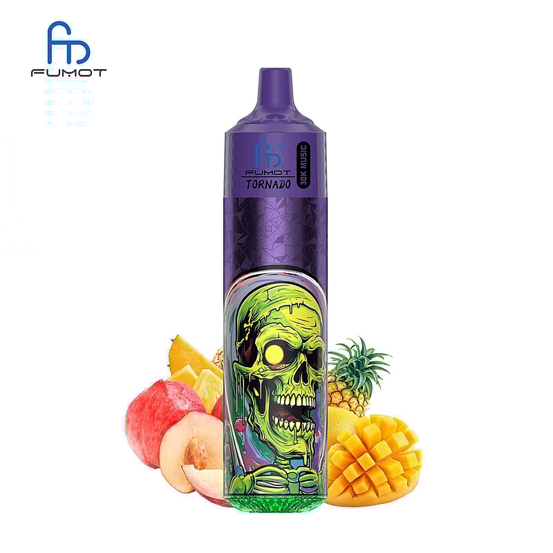 En färgglad vapeflaska med en grön skalledesign, märkt "FUMOT TORANDO", omgiven av olika frukter inklusive äpplen, ananas och mango.