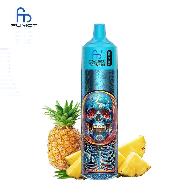 En färgglad vape-enhet med en skalledesign och levande mönster visas tillsammans med hela och skivade ananas.