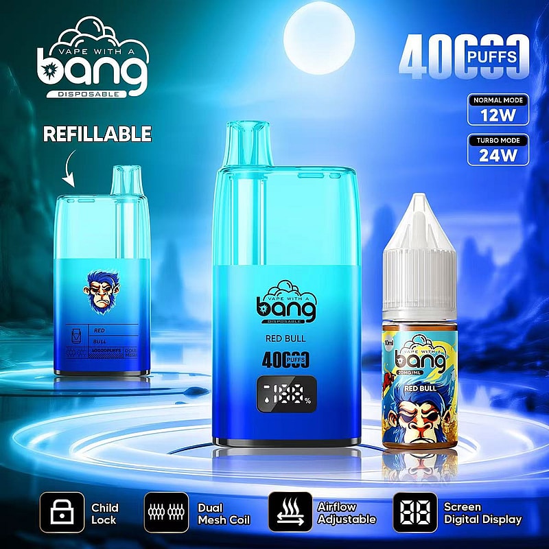 Blue disposable vape device with "Bang" branding, labeled "Red Bull," offering 4000 puffs, refillable, with features like dual mesh coil, airflow adjustment, child lock, and a screen digital display, alongside a 10ml e-liquid bottle.