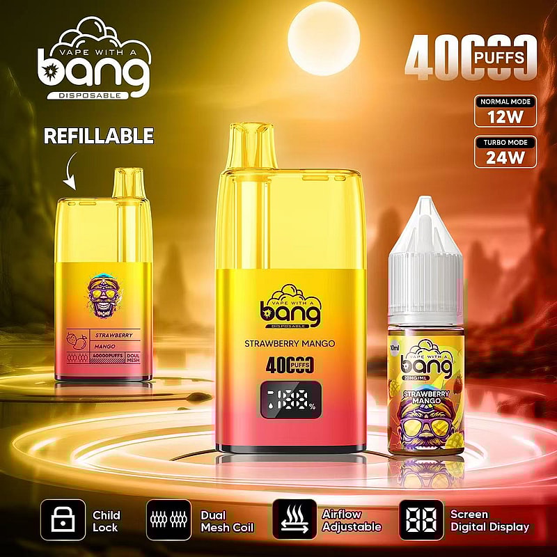 Promotional image of a disposable vape product, featuring a yellow device with the label "Vape with a Bang." The device is shown with a refillable feature and an accompanying bottle of e-liquid labeled "Strawberry Mango." Key features highlighted include "400 puffs," "Normal Mode 12W," "Turbo Mode 24W," and adjustable airflow, along with icons for child lock, dual mesh coil, and a digital display showing battery percentage. The background suggests a bright, sunny setting.