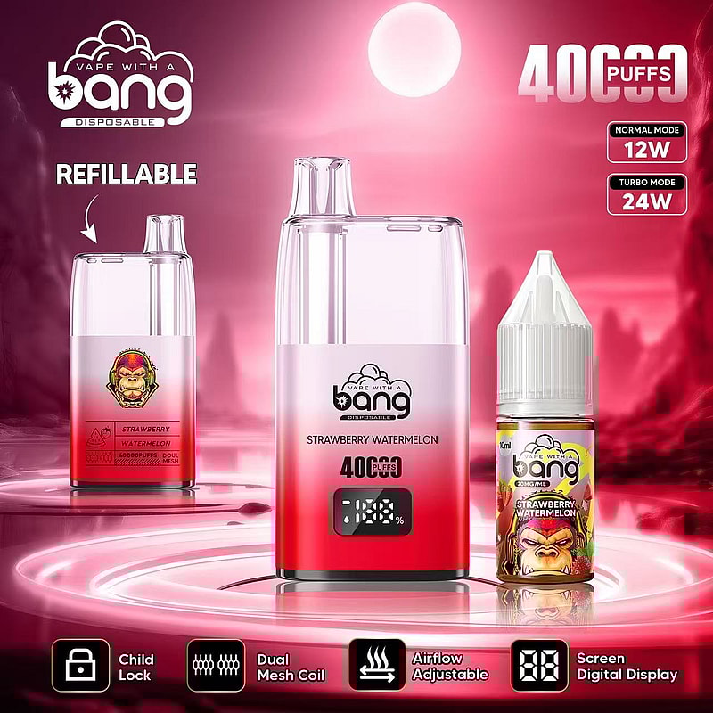 Refillable vape device with strawberry watermelon flavor, featuring 40000 puffs, dual mesh coil, adjustable airflow, digital screen display, child lock, and turbo/normal mode options.