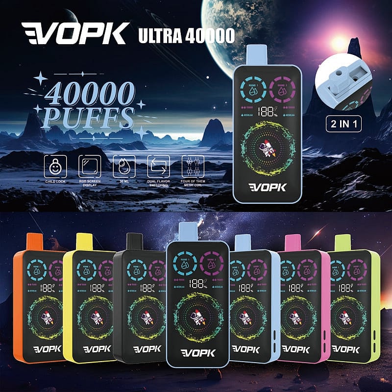 Colorful VOPK Ultra 40000 vape devices with 40000 puffs, dual flavor switching, RGB screen display, and child lock features showcased against a futuristic space-themed background.