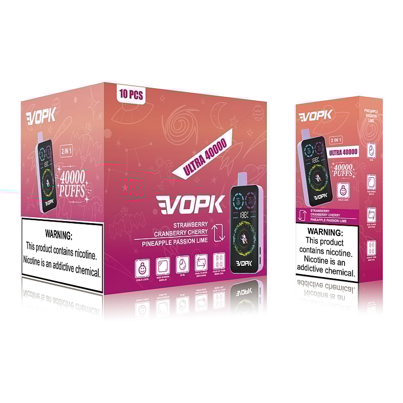 Packaging design for VOPK Ultra 40000 disposable vape with strawberry, cranberry cherry, and pineapple passion lime flavors, featuring "40,000 puffs" text, product image, and a nicotine warning label.