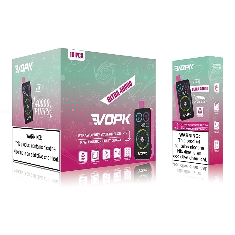 Packaging design for VOPK Ultra 40000 puffs disposable vape featuring strawberry watermelon and kiwi passion fruit guava flavors, with nicotine warning label and product illustrations.