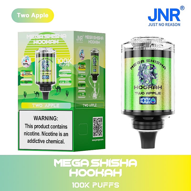 Packaging and device of the "Mega Shisha Hookah Two Apple" product with 100K puffs, featuring a green design, desert-themed box, and nicotine warning label.