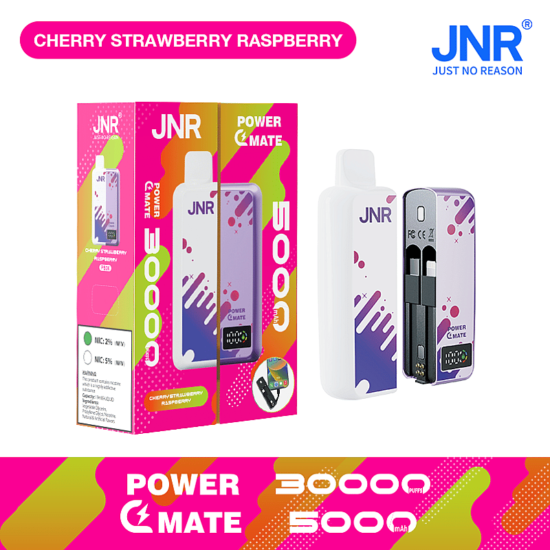 Cherry Strawberry Raspberry flavored JNR Power Mate disposable vape device with 30,000 puffs and 5000mAh battery, featuring vibrant packaging and dual cartridge design.