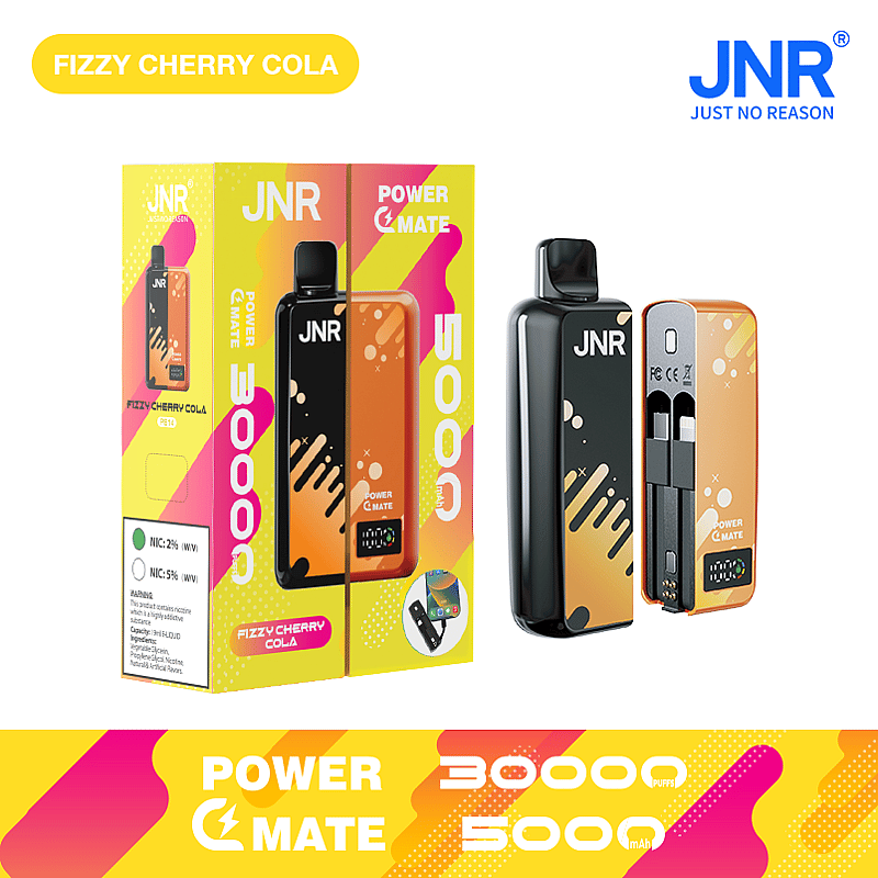 "JNR branded vape device with orange design, labeled 'Fizzy Cherry Cola,' showing 30000 puffs and 5000mAh capacity, alongside colorful packaging and product details."
