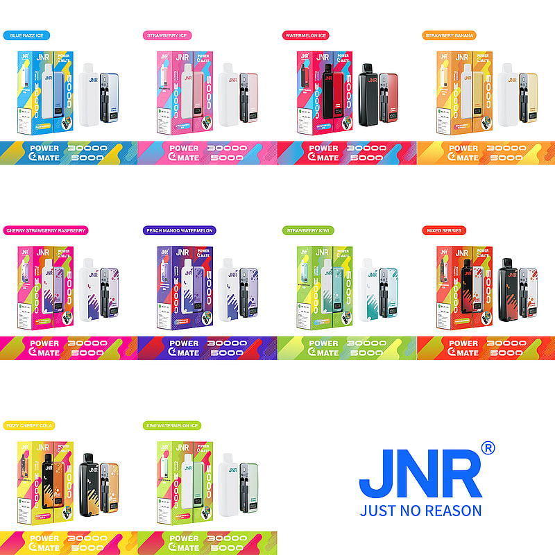 Display of various JNR branded vape devices in colorful packaging with different flavor labels, including Blue Razz Ice, Strawberry Ice, Watermelon Ice, Strawberry Banana, Cherry Strawberry Raspberry, Peach Mango Watermelon, Strawberry Kiwi, Mixed Berries, Fizzy Cherry Cola, and Kiwi Watermelon Ice.