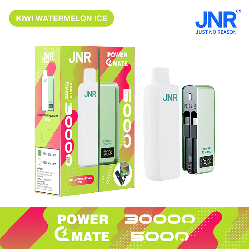 "JNR Kiwi Watermelon Ice vape device and packaging, highlighting 30,000 puffs and 5000mAh capacity."