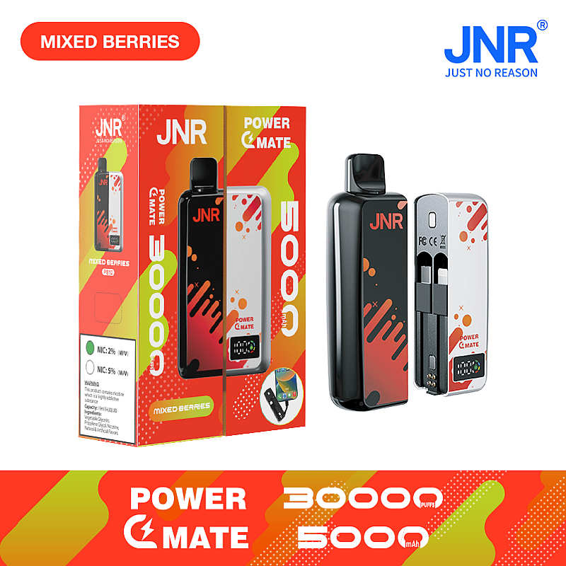 JNR Power Mate vaping device packaging featuring "Mixed Berries" flavor, with a sleek black and white device and 30,000 puffs indicated.