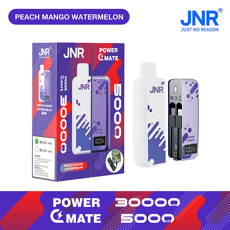 Peach Mango Watermelon flavored disposable vape device with 30000 puffs and 5000mAh capacity, featuring a sleek purple and white design, shown with packaging and components.