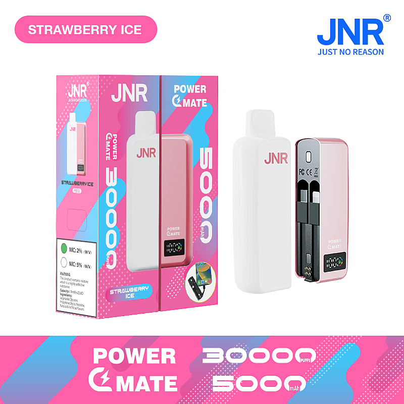 JNR Power Mate 30000 puffs, 5000mAh device in Strawberry Ice flavor with packaging.