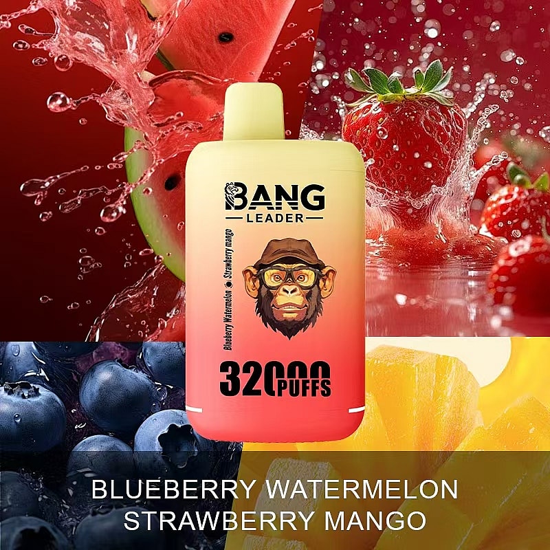 A Bang Leader vaping device featuring blueberry, watermelon, strawberry, and mango flavors, labeled as offering 32,000 puffs, against a vibrant background with images of blueberries, watermelon slices, strawberries, and mango chunks.