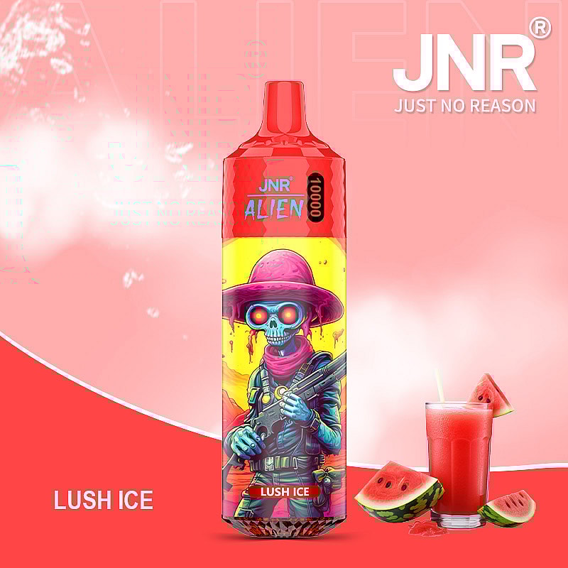 A vividly designed vaping device labeled 'JNR Alien 10000' with artwork of a colorful alien wearing a pink hat, set against a background featuring a glass of red juice and watermelon slices, emphasizing the 'Lush Ice' flavor.