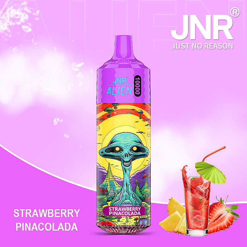 Promotional image of a JNR ALIEN 10000 vaping product in Strawberry Pinacolada flavor, with a colorful alien-themed design, accompanied by a tropical drink illustration on a vibrant purple background.