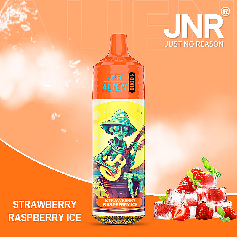 A vibrant vape packaging design featuring an alien with a blurred face playing guitar, set against a yellow background, accompanied by the text 'Strawberry Raspberry Ice' and images of strawberries, raspberries, and ice cubes.