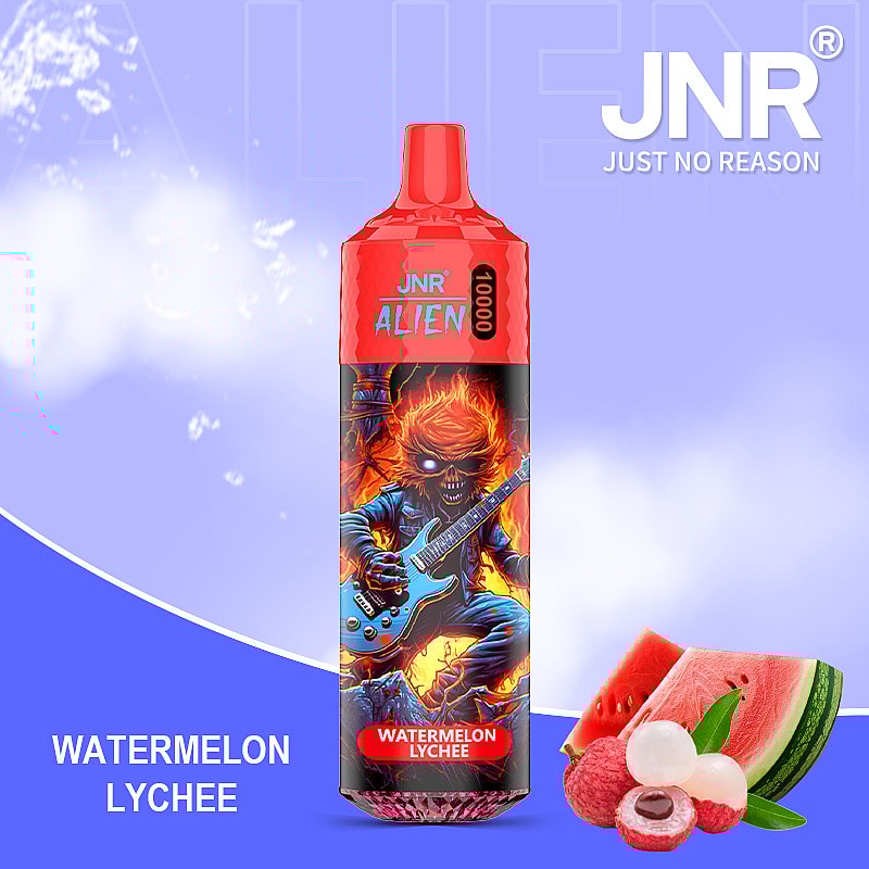 A red and black vape device branded as JNR Alien featuring artwork of a fiery skeleton playing a guitar and labeled with the flavor 'Watermelon Lychee' next to images of watermelon slices and lychee fruits on a blue background.