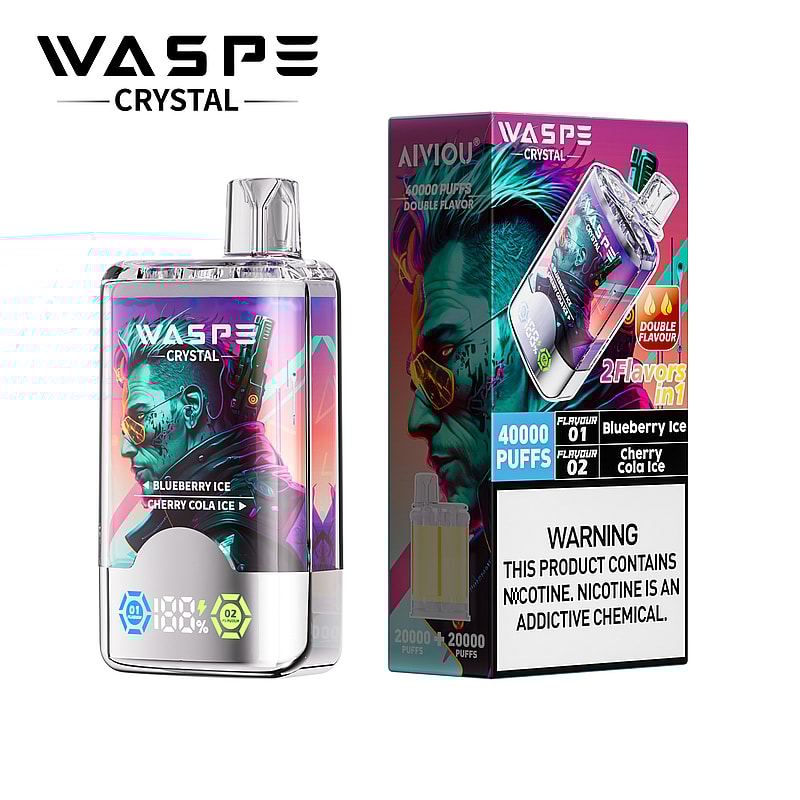 Werbebild des Wasp Crystal Vape-Produkts mit einem Gerät mit zwei Geschmacksrichtungen und einer Verpackung mit hervorgehobenen Spezifikationen und Warnhinweisen.