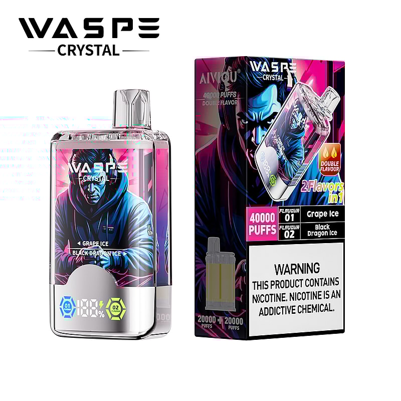 Verpackung und Produkt des Einweg-Vaporizers WASP CRYSTAL mit zwei Geschmacksrichtungen, Grape Ice und Black Dragon Ice, mit einer Kapazität von 40.000 Zügen und Nikotinwarnung.