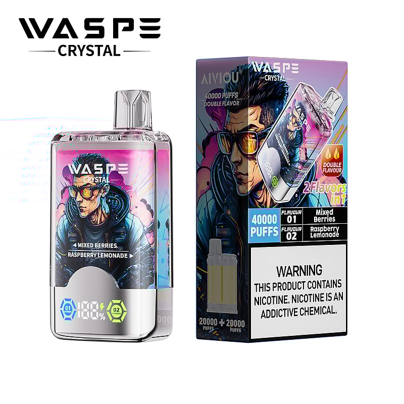 Ein WASPE Crystal-Dampfgerät und seine Verpackung mit den Aromen gemischter Beeren und Himbeerlimonade. Die Verpackung verspricht 40.000 Züge und warnt, dass das Produkt Nikotin enthält, eine süchtig machende Chemikalie. Das Dampfgerät zeigt eine digitale Anzeige und eine illustrierte Grafik einer Person mit Sonnenbrille auf der Verpackung.