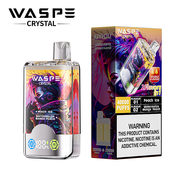 Ein Dampfgerät und seine Verpackung mit der Marke WASPE Crystal. Die Verpackung wirbt mit zwei Geschmacksrichtungen: Peach Ice und Watermelon Mango Peach, mit insgesamt 40.000 Zügen. Auf der Unterseite der Schachtel befindet sich ein deutlich sichtbarer Warnhinweis zum Nikotingehalt.