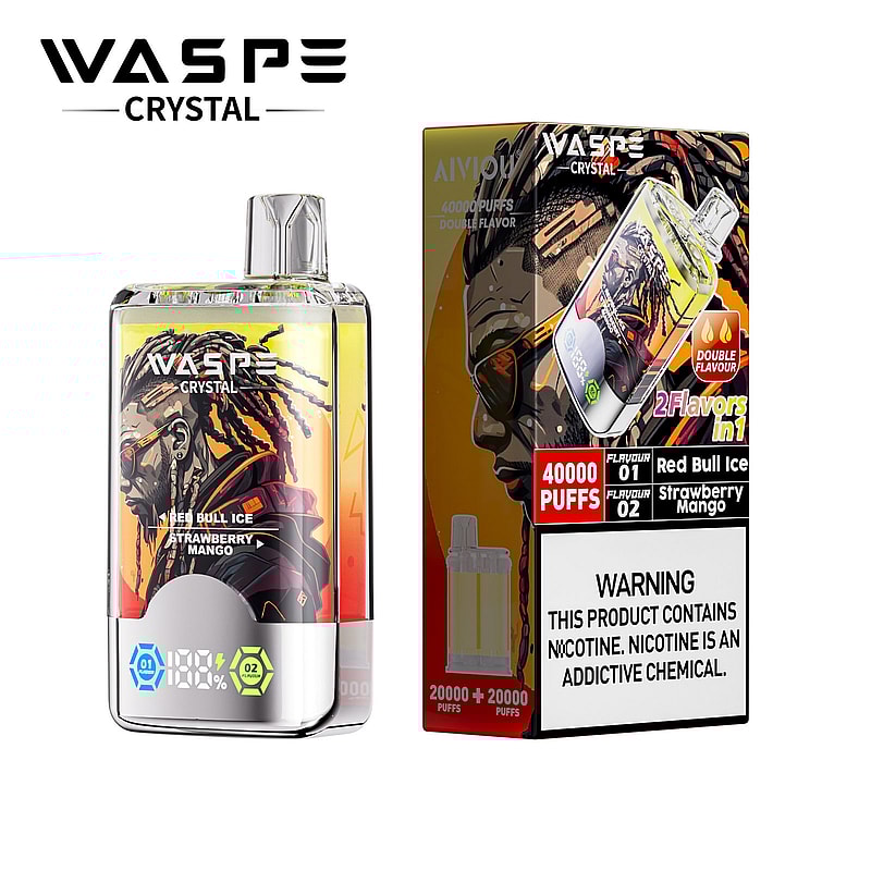 Verpackungs- und Produktdesign des WASP Crystal Vape mit zwei Geschmacksrichtungen, Red Bull Ice und Strawberry Mango, mit auffälligem Artwork und einem Warnhinweis zu Nikotin.
