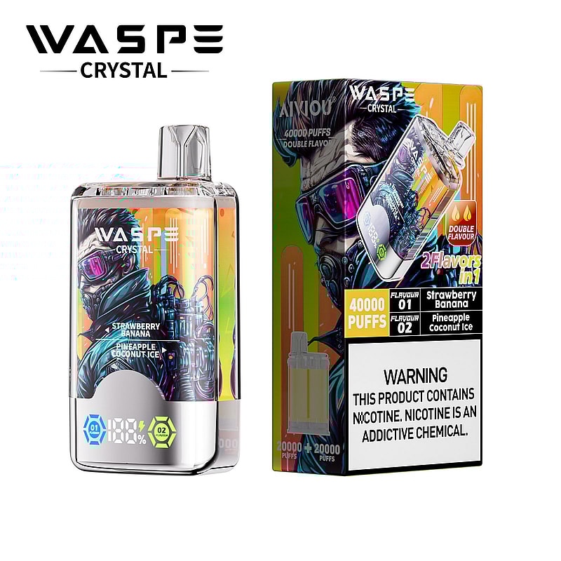 Ein transparentes Vape-Gerät mit der Bezeichnung „Wasp Crystal“ und 40.000 Zügen in den Geschmacksrichtungen Erdbeer-Banane und Ananas-Kokos-Eis sowie einer farbenfrohen Verpackung mit ähnlichen Produktdetails und einer Nikotinwarnung.