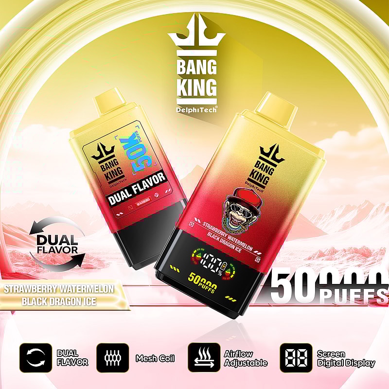 Promotional image of Bang King vape devices featuring dual flavors - Strawberry Watermelon and Black Dragon Ice - with highlights on its 50,000 puffs capacity, mesh coil, adjustable airflow, and screen digital display, set against a stylized mountain background.