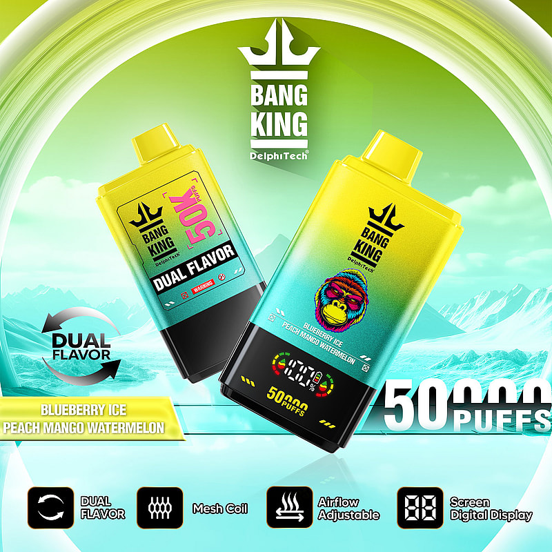 Advertisement for Bang King DelphTech dual flavor vape with a vibrant background, showing two devices branded with '50K' and 'Blueberry Ice Peach Mango Watermelon', featuring a digital display, mesh coil, airflow adjustment, and promoting 50,000 puffs.