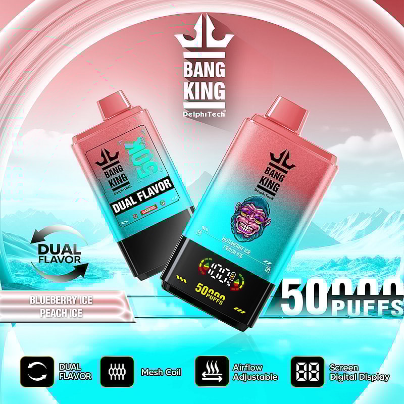 Advertising poster for Bang King DelphiTech highlighting a dual flavor disposable vape with Blueberry Ice and Peach Ice, featuring a digital puff counter and adjustable airflow, set against an icy mountain backdrop.