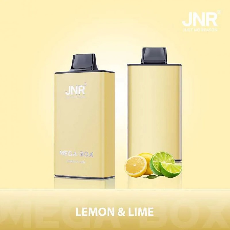 Due dispositivi per lo svapo rettangolari gialli con le etichette "JNR" e "MegaBox", accompagnati da metà di limone e lime freschi su uno sfondo giallo abbinato.