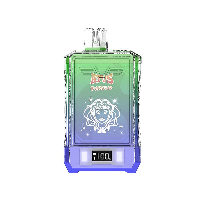 Eine rechteckige Flasche mit einem Design mit Farbverlauf von Grün nach Blau. Auf der Vorderseite ist ein Frauengesicht in Strichzeichnungen dargestellt, auf der Vorderseite stehen die Worte „ATVS WARSHIP“ und auf der Digitalanzeige steht „100%“.