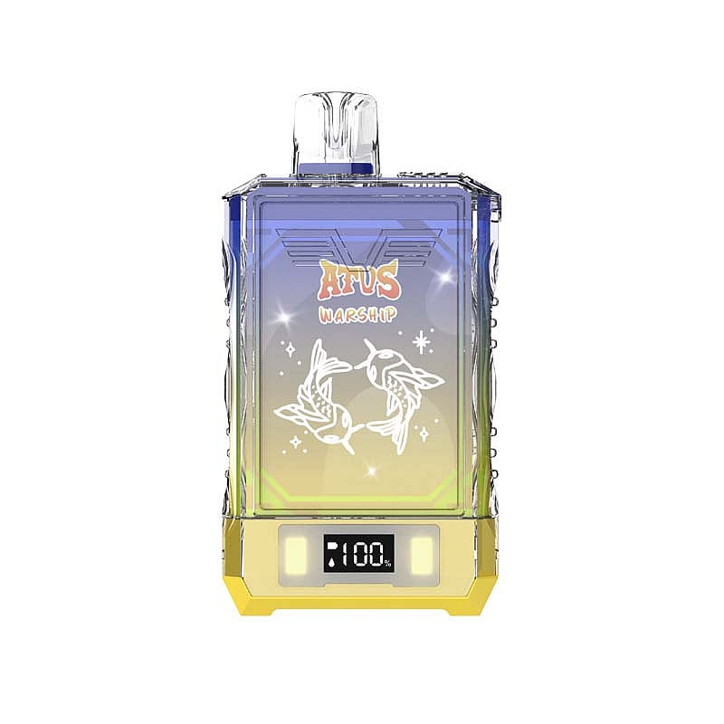 Eine transparente, juwelenartige Flasche mit blauen und gelben Farbverläufen zeigt das „ATVS Warship“-Logo, weiße Vogelillustrationen und eine digitale Anzeige mit der Aufschrift „100%“.