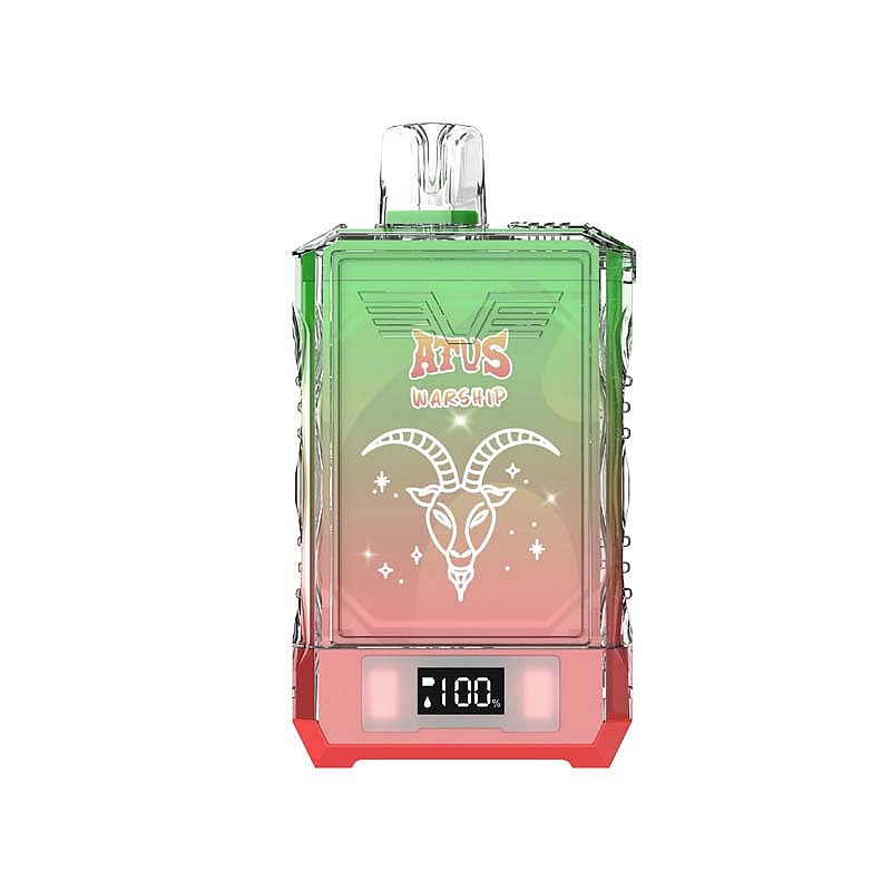 Eine rechteckige Flasche mit einer digitalen Anzeige 100% am Boden sowie einer Ziegenkopfillustration und dem Text „ATVS WARSHIP“ auf dem grün-roten Farbverlaufsetikett.