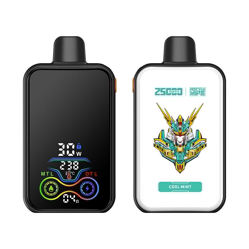 Två Delta 30 vaping-enheter visas, en med en svart display med ström- och lägesindikatorer, och den andra med vitt märke med en färgstark abstrakt design och text som indikerar 2500 puffar och smak "Cool Mint."