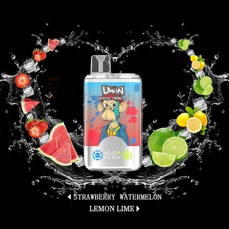 Una pubblicità artistica che presenta un dispositivo per svapare con un gorilla disegnato nei cartoni animati, circondato da spruzzi d'acqua e illustrazioni di fragole, fette di anguria, limoni e lime, etichettati con i gusti "Fragola, anguria" e "Limone, lime".