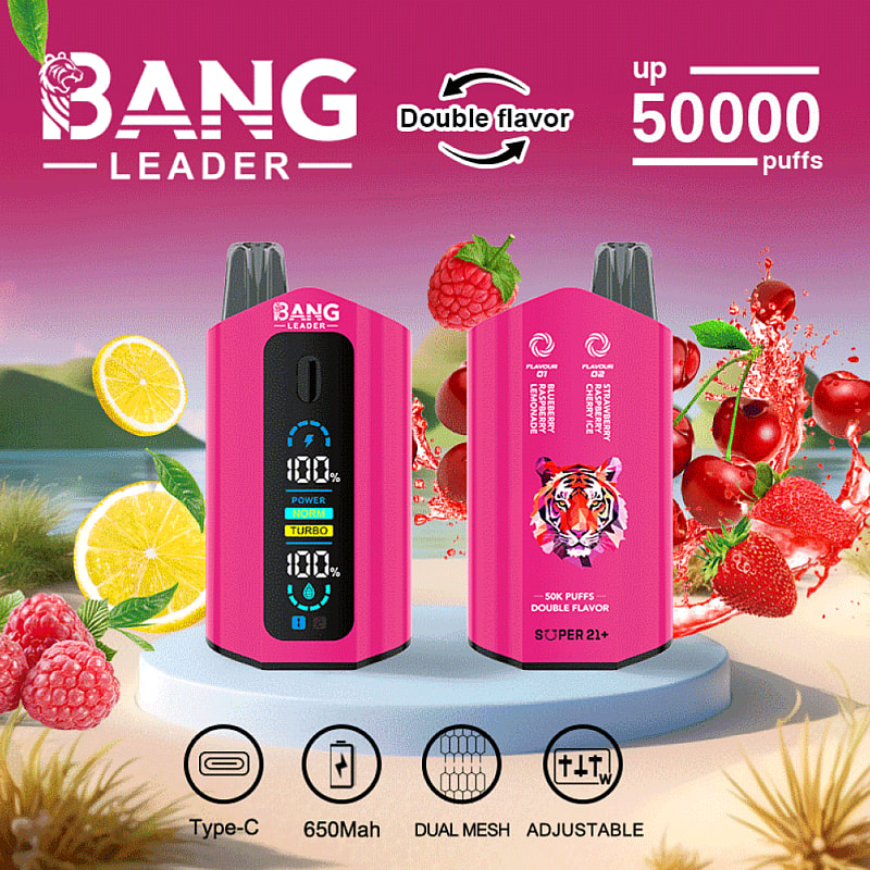 Kampanjbild som visar Bang Leaders vaping-enhet med dubbla smaker i rosa med en digital display. Funktioner inkluderar Type-C-laddning, 650 mAh batteri, dubbel mesh-teknik, justerbara inställningar och upp till 50 000 bloss. Illustrerad med frukter för att framhäva tillgängliga smaker och djärvt varumärke över en färgstark bakgrund.