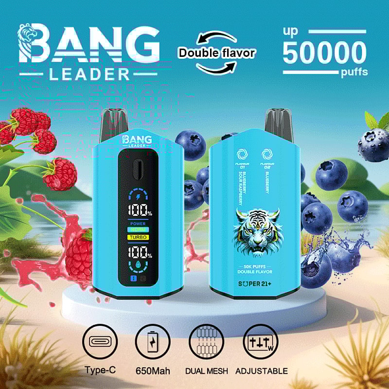Reklambild av den elektroniska vape-enheten 'Bang Leader' som framhäver funktioner som dubbel smak, upp till 50 000 bloss, Type-C-laddning, 650 mAh batteri, dubbla mesh-spolar och justerbara inställningar, omgivna av hallon och blåbär.