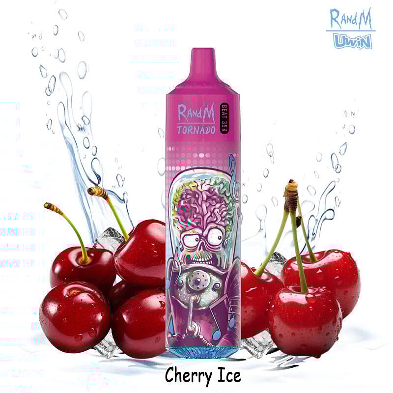 A RandM Tornado cherry ice flavored vape pen with vibrant pink packaging featuring a cartoonish design, surrounded by fresh cherries and ice cubes.
