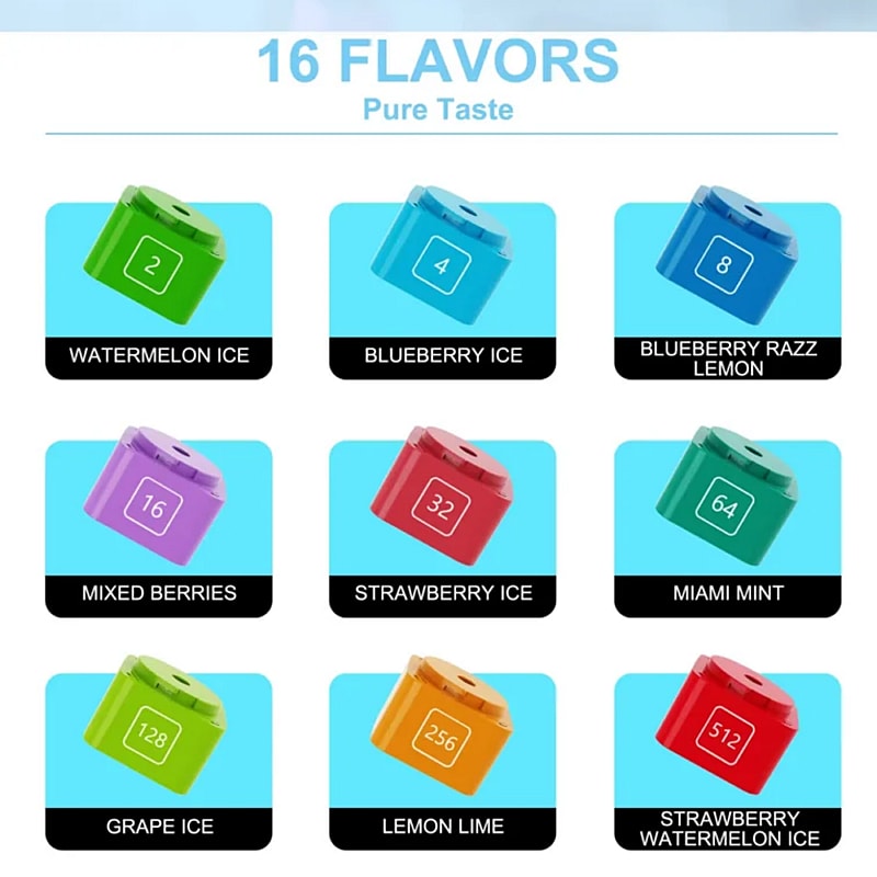 En grafik som visar upp nio färgglada vape-smaker med namn som Strawberry Watermelon Ice och Lemon Lime, arrangerade i ett rutformat mot en ljusblå bakgrund.