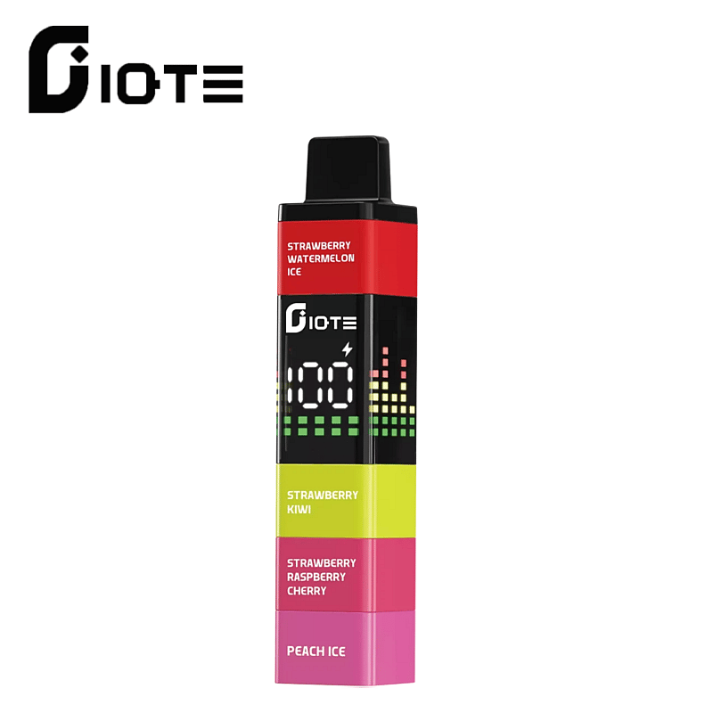 En flerfärgad elektronisk vaping-enhet märkt som "Diote", med smaketiketter inklusive Strawberry Watermelon Ice och Peach Ice.