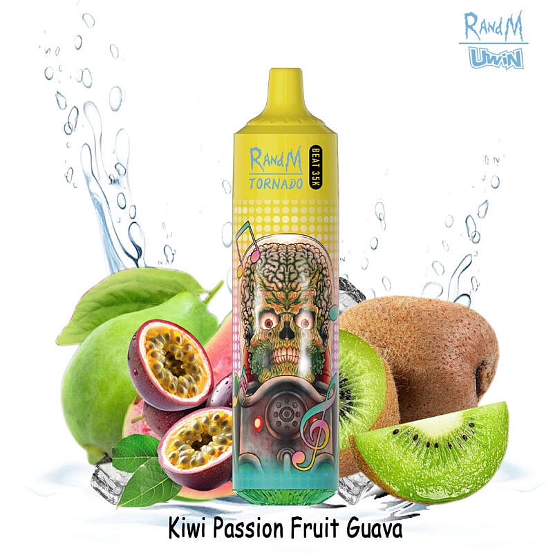 A colorful vape device labeled 'RandM Tornado, 8EA15X' with a design featuring a menacing skull surrounded by musical notes, set against a background of fresh kiwi, passion fruit, and guava with splashes of water.