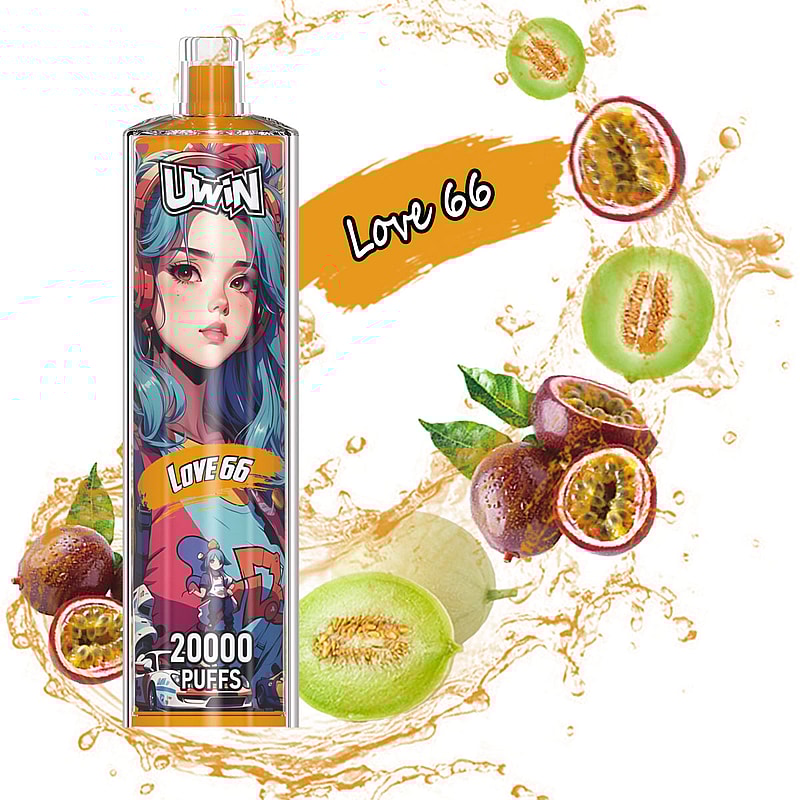 Un espositore di prodotti che presenta un dispositivo per lo svapo dal design vivace con l'etichetta "Love 66", circondato da schizzi e immagini di frutto della passione e melone verde, che ne suggeriscono i sapori.