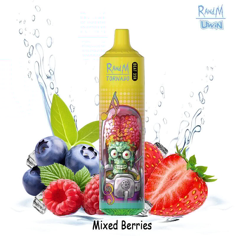 Colorful vape pen labeled 'RandM Tornado Beat 35K' with a cartoon alien design, surrounded by blueberries, raspberries, and a strawberry, against a splash of water background, with the text 'Mixed Berries' below.