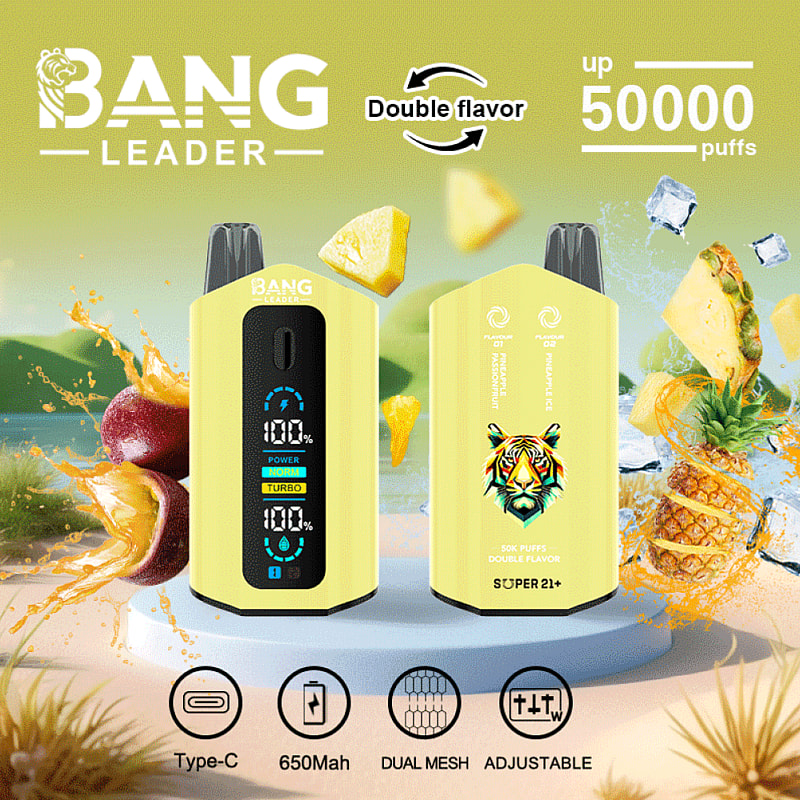 Reklambild av Bang Leader vape-enheten som visar dubbla lägen, 50 000 puffkapacitet, ananas- och mangosmaker och specifikationer som en Type-C-port, 650mAh batteri, dubbel mesh-spole och justerbara inställningar.