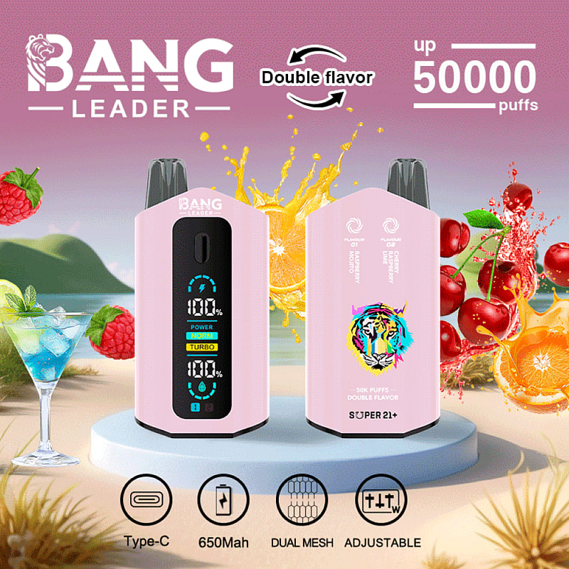 En reklambild med två Bang Leader vaping-enheter omgivna av fruktillustrationer och symboler som indikerar funktioner som Type-C-laddning och dual mesh-teknik, med en kapacitet på upp till 50 000 bloss.