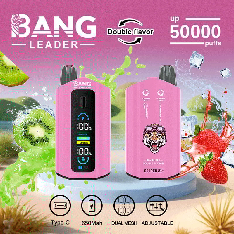 Reklambild av Bang Leader vape-enheten, med ett system med dubbla smaker, 650 mAh kapacitet, justerbara inställningar och upp till 50 000 bloss. Enheten visas tillsammans med illustrationer av frukter som kiwi och jordgubbar.