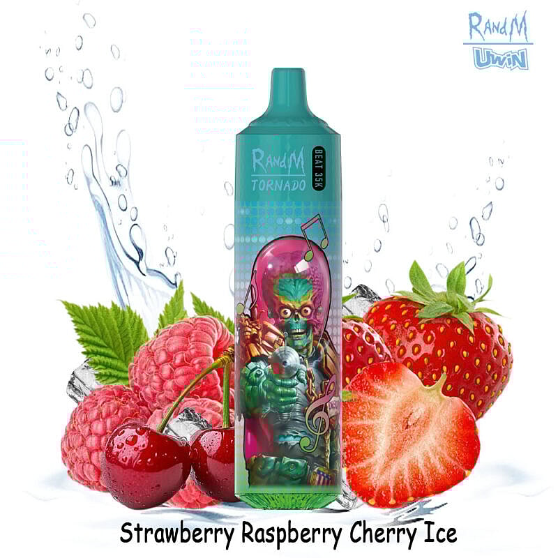 A colorful vape device labeled 'RandM Tornado 9000' stands among fresh strawberries, raspberries, cherries, and ice, with a cartoon alien figure depicted on the device.